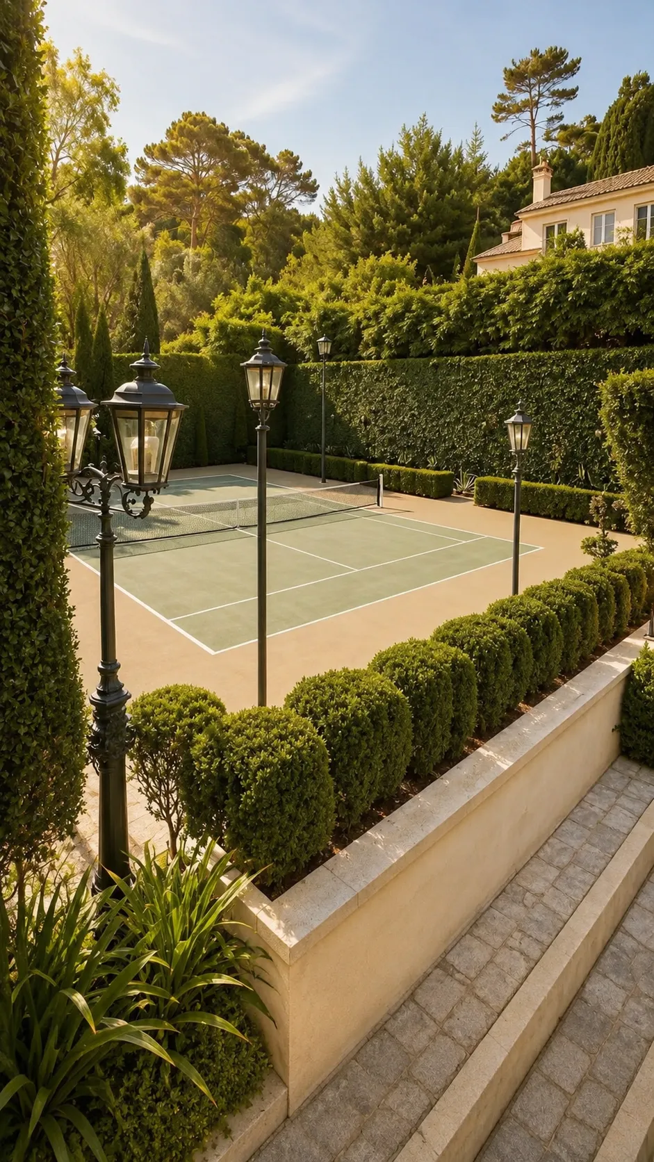 A sunlit tennis court surrounded by hedges and trees