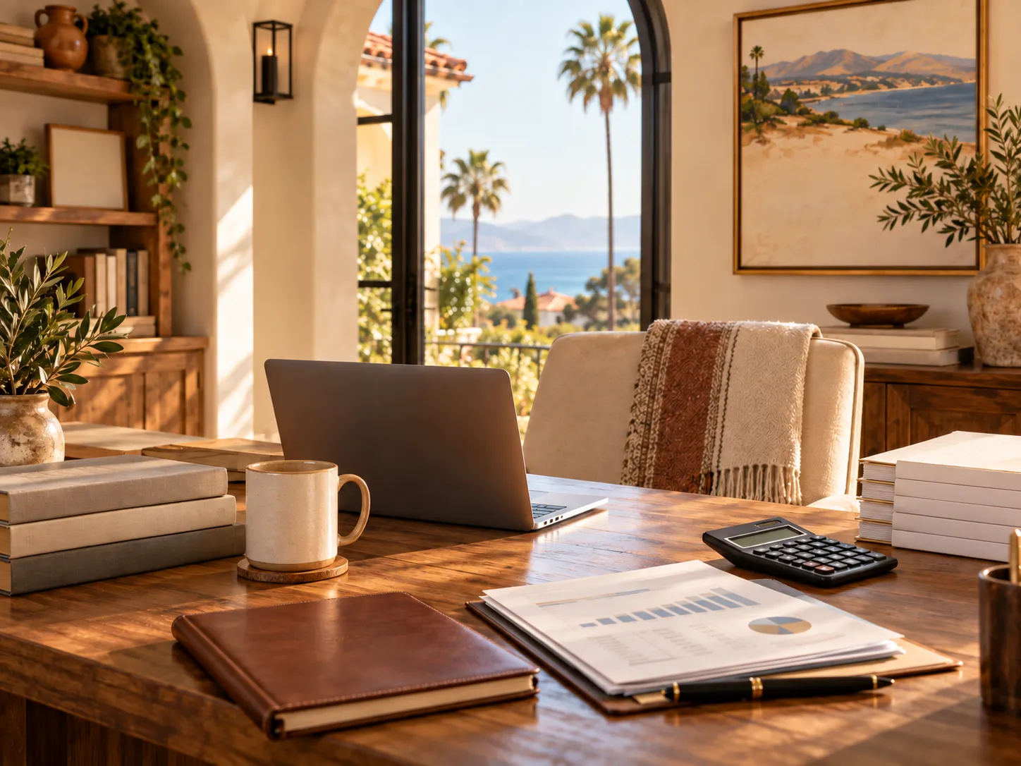 A sunlit home office desk with a calculator and financial reports, overlooking the Santa Barbara coast