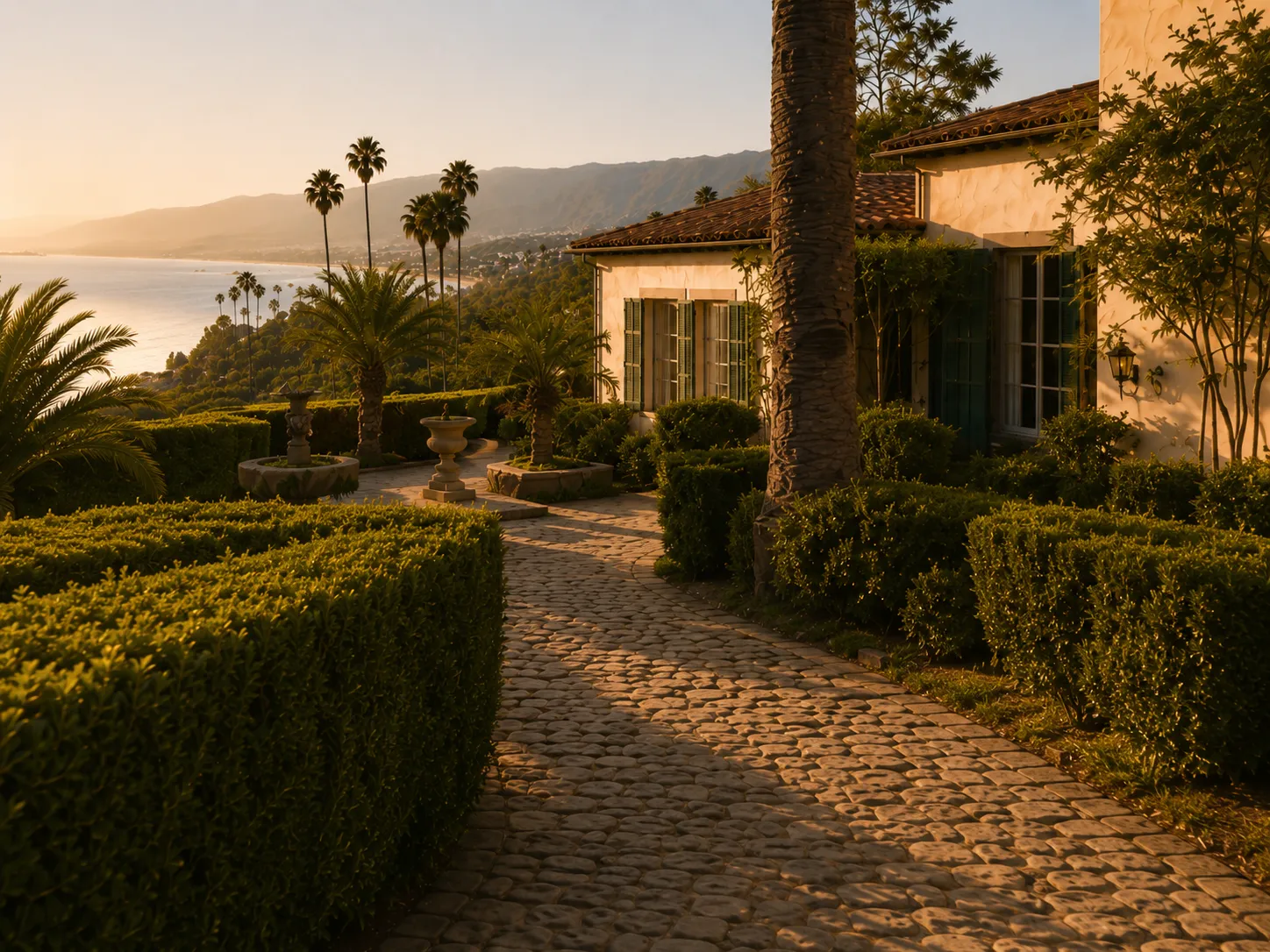 An estate garden path above the Santa Barbara coastline at golden hour