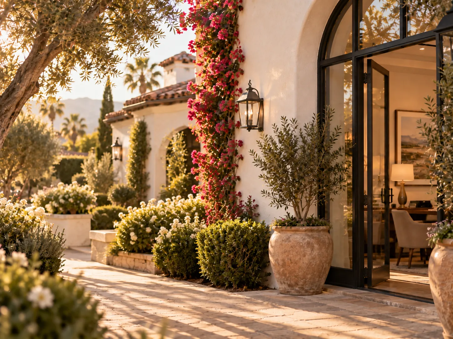 A Montecito storefront framed by bougainvillea and olive trees in the late afternoon sun