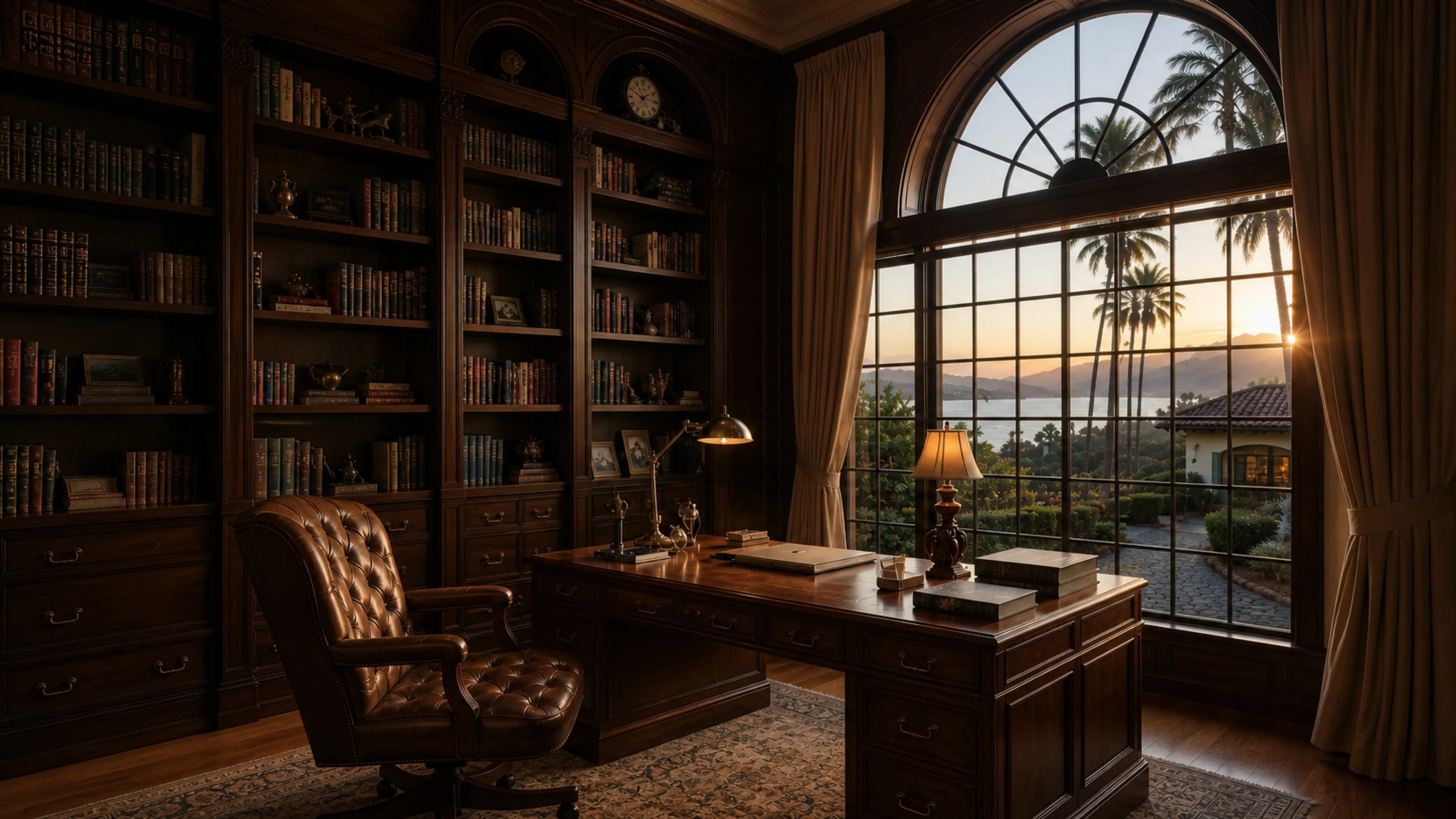 A writing desk in warm morning light