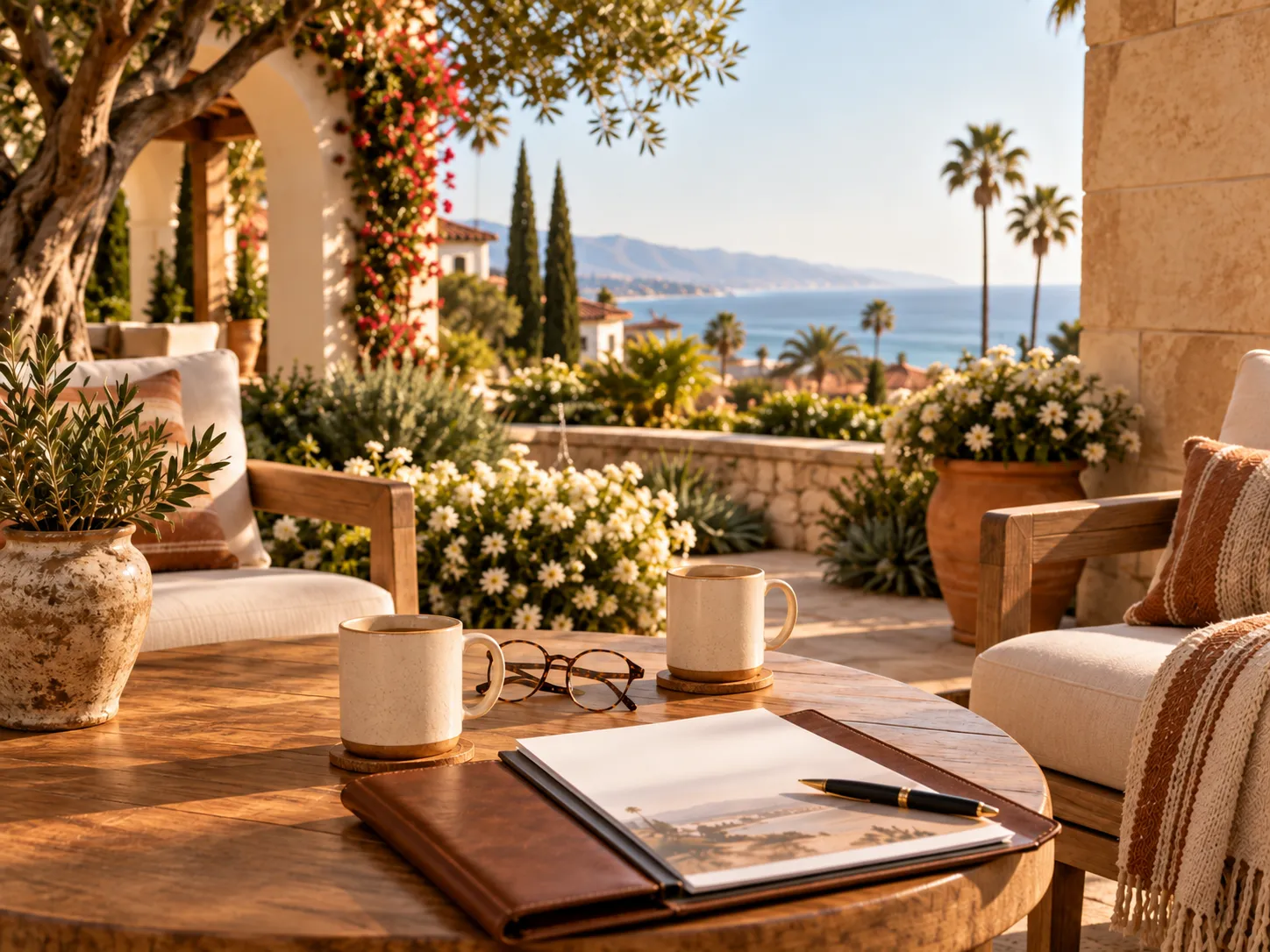 Two coffee cups and a leather portfolio on a patio table above the Santa Barbara coastline