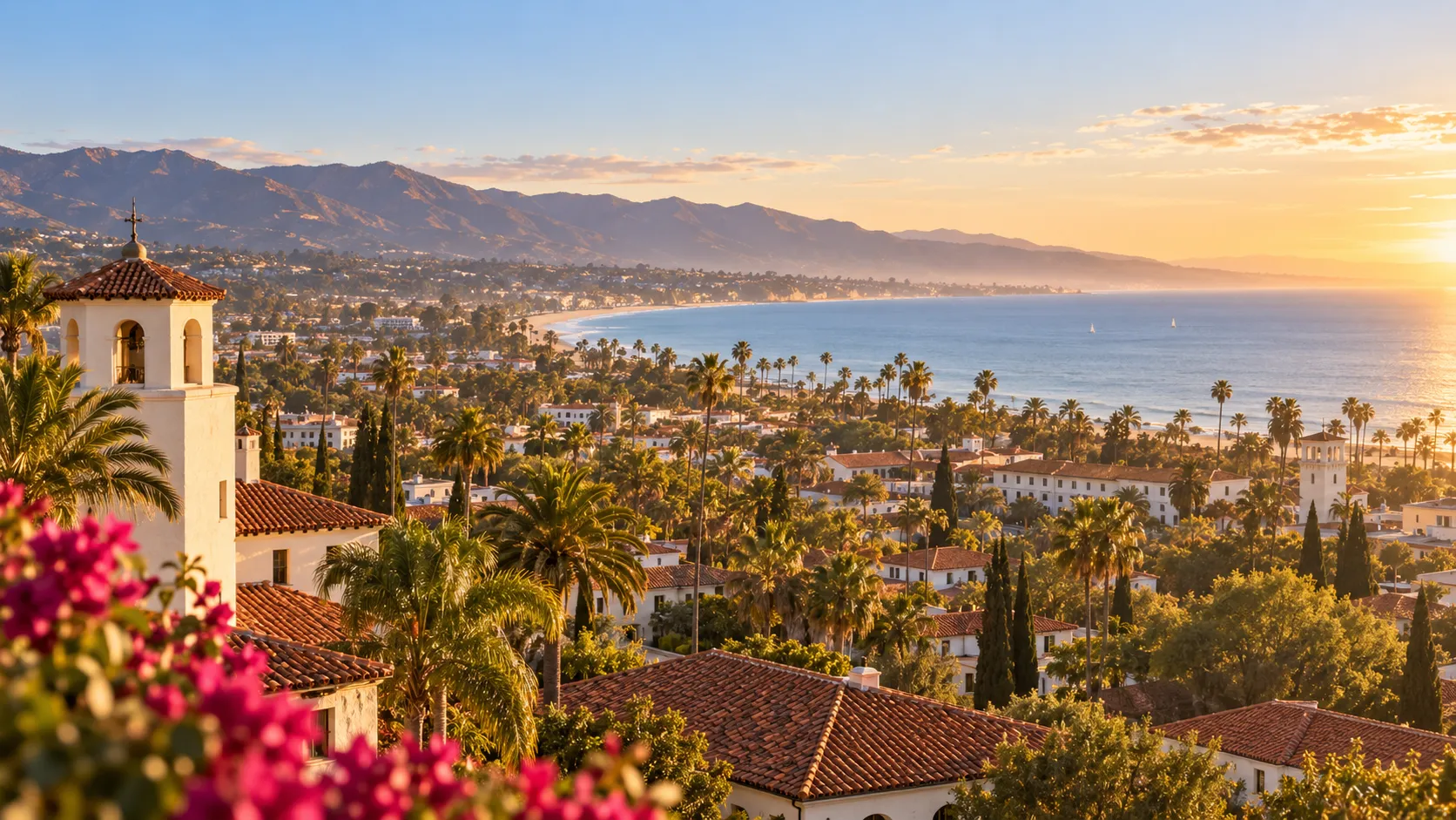 Red tile roofs and palms of Santa Barbara stretching to the ocean at golden hour