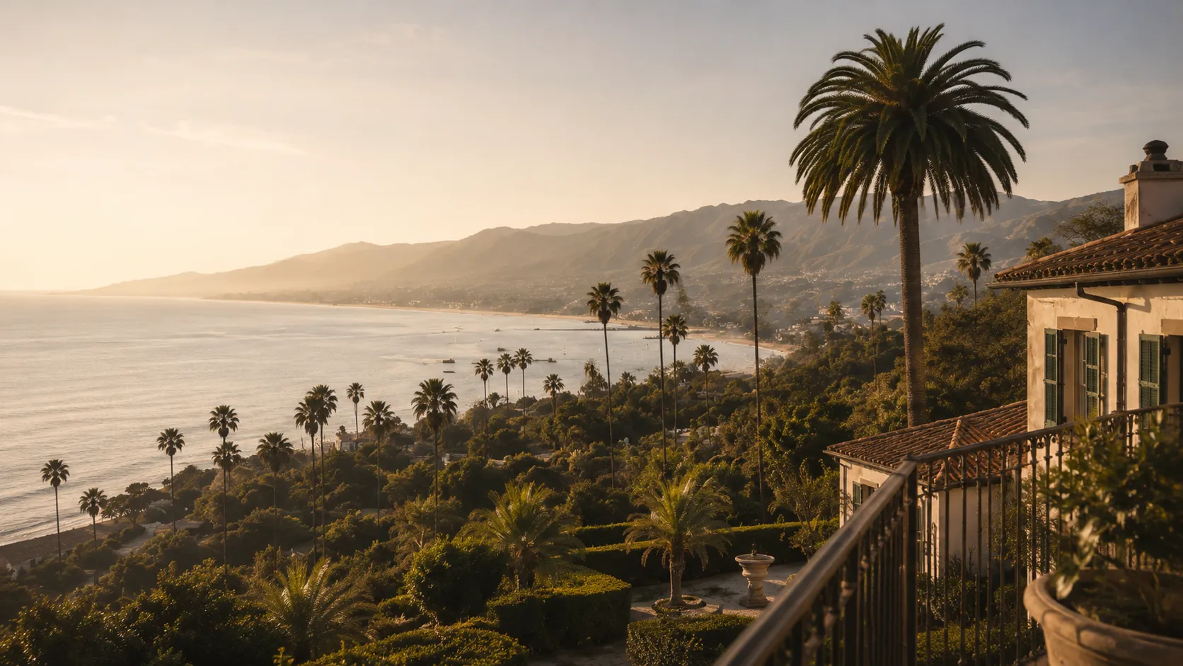 A tiled-roof villa above the Santa Barbara coastline at golden hour, with palms and the bay below