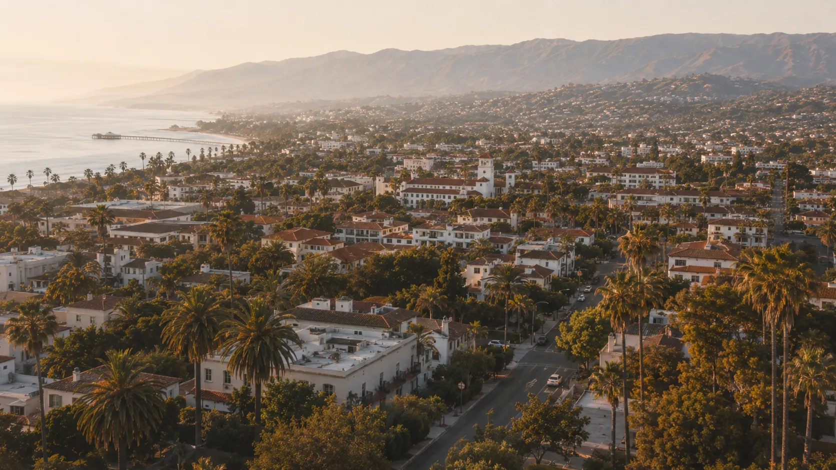 Downtown Santa Barbara from the air at golden hour, with the courthouse tower and the pier in view